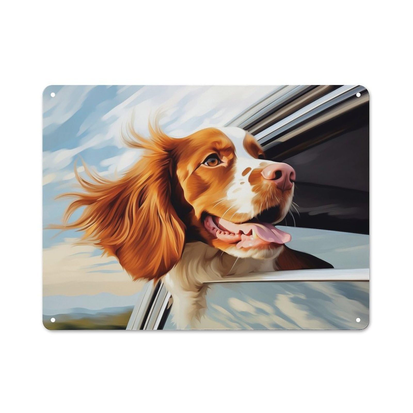 Junmoney Style-6 Decorative Tin Sign With Brittany Spaniel In Car Window Design 30X40cm, Farmhouse Cottage Wall Art For Farmhouse Kitchen, Pantry Or Dining Area