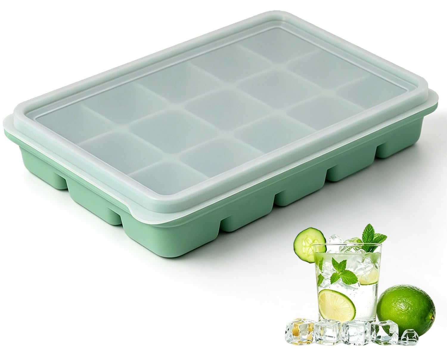 Azxb Ice Cube Trays with Lid, 1 Pack 15 Cubes Easy Release Stackable Flexible Silicone Ice Cube Trays for Freezer with Removable Silicone Lid for Baby Food, Whiskey, Cocktail, Coffee, BPA Free