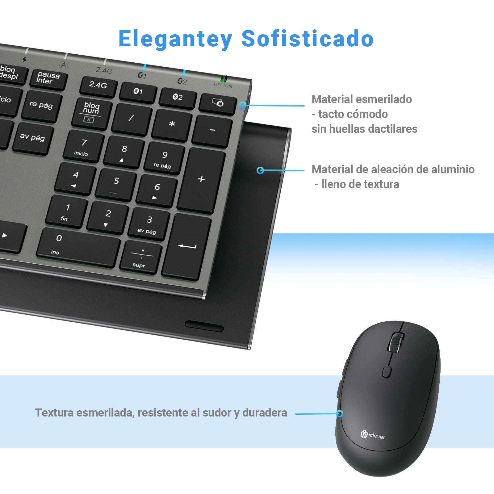 iClever Bluetooth/2.4G Teclado y Ratón DK03-QWERTY Español Teclado Ratón Inalámbrico, Recargable, Multidispositivo, Ergonómico, Tamaño Completo, Delgado para Mac, iPad, Apple, Android, Win