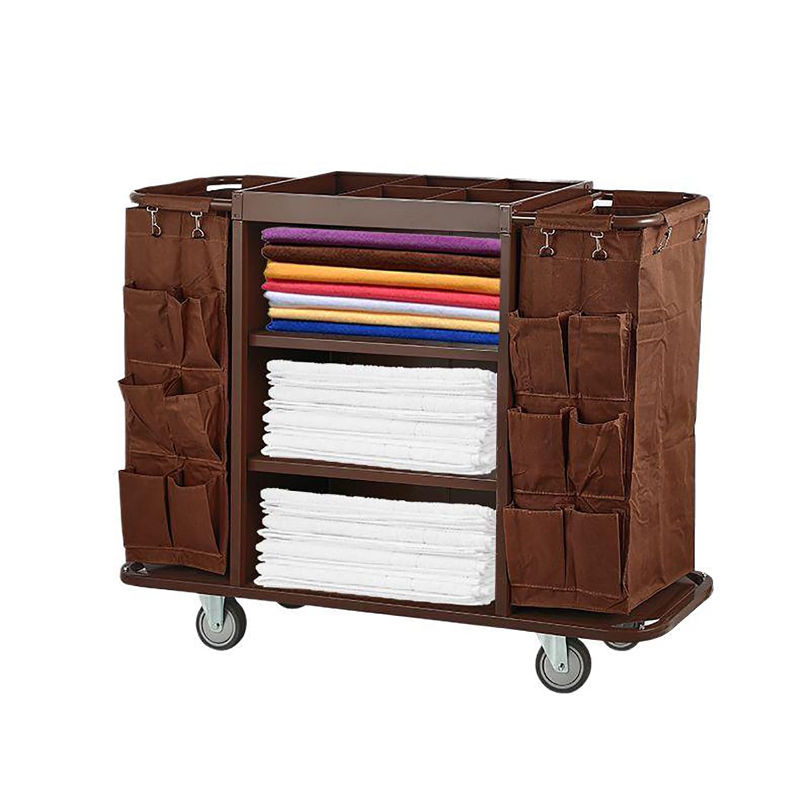 Carrello Multifunzionale per Hotel, per Pulizie Commerciali Tradizionali, per Il Servizio in Camera e per Le Pulizie domestiche, Colore Marrone.