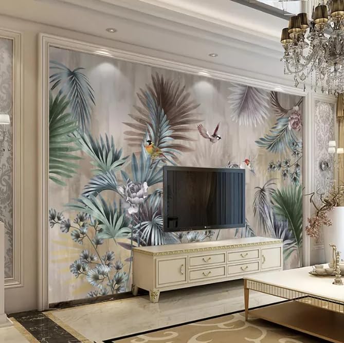 Papier peint photo effet 3D feuilles et fleurs style mural rétro géant 350x256cm