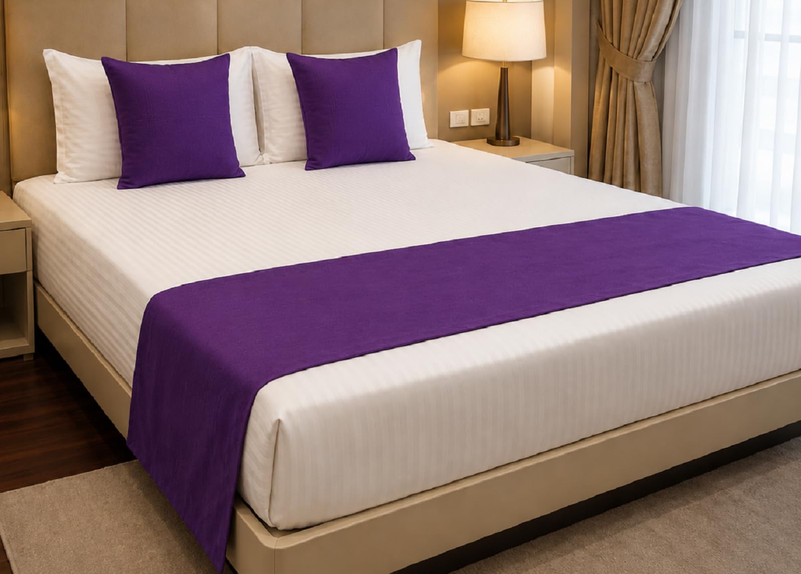 vissage raw silk double bed runner set with designer cushion covers, purple