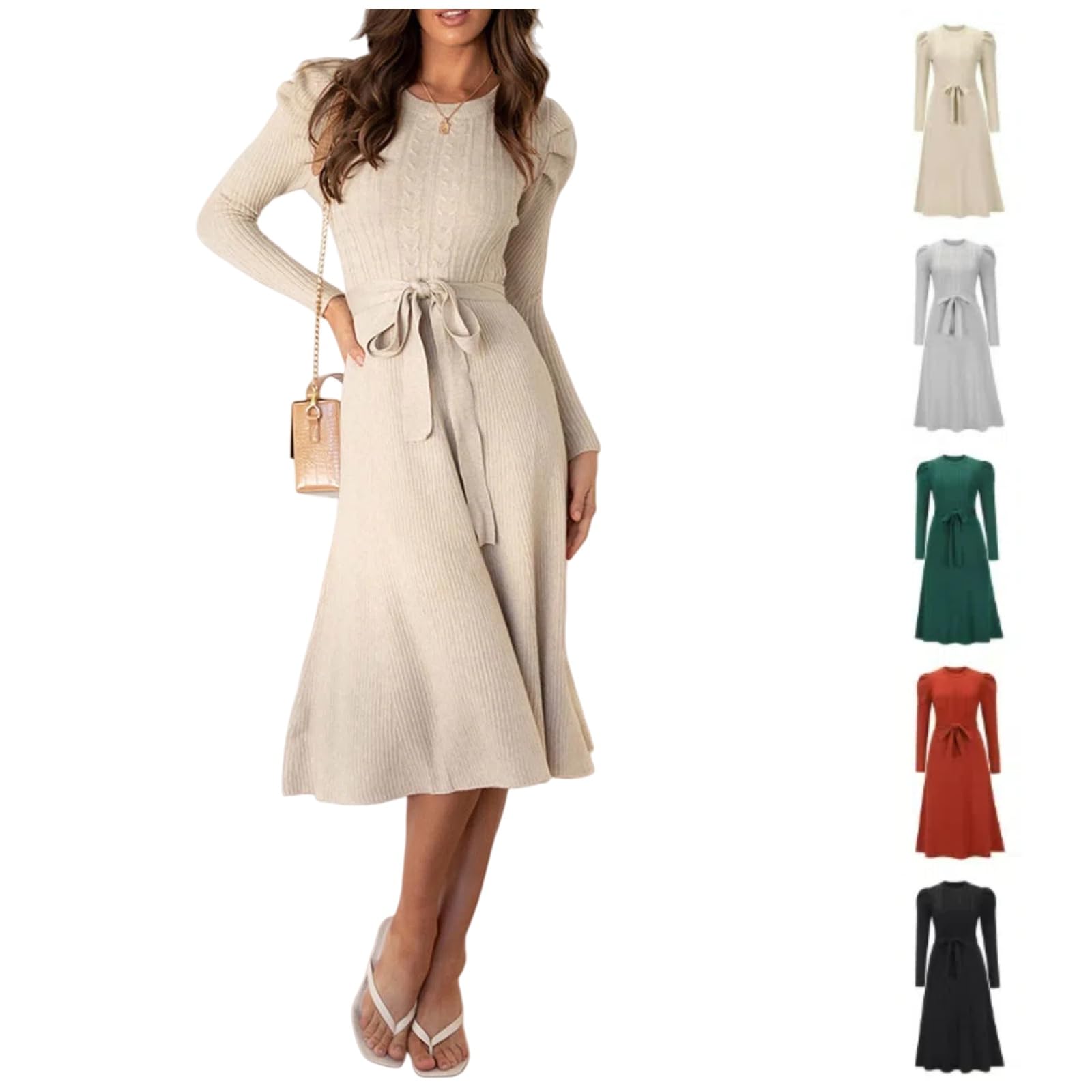 Midi Sweater Dress for Women Fall Crewneck Long Sleeve Casual Bodycon Ribbed Knit Tie Waist Skirt with Belted