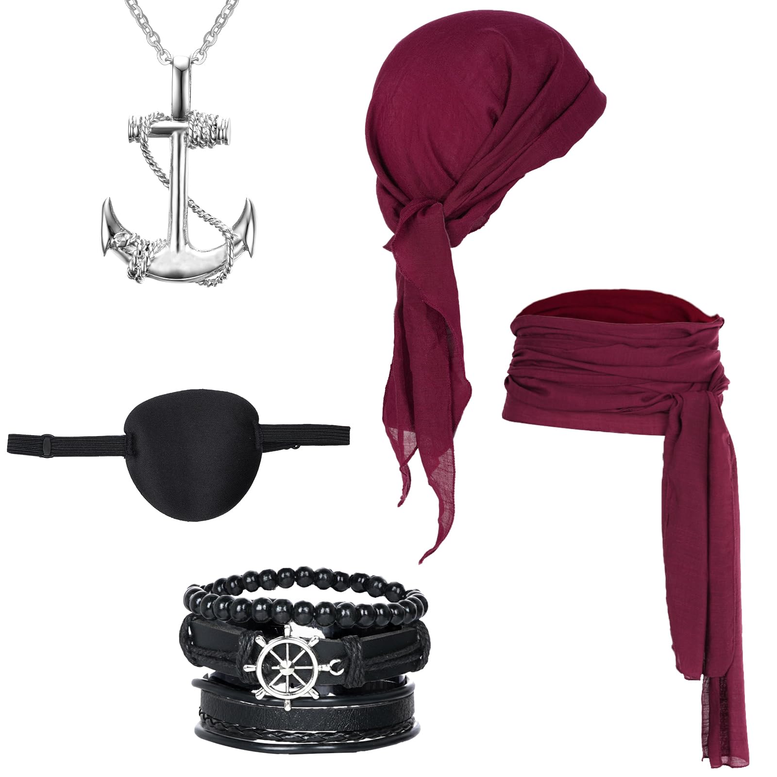 Qwrqwr 5 Pieces Pirate Costume Medieval Renaissance Outfit with Hat Jewellery Eye Patch Accessories for Halloween Party Carnival Cosplay Stage Performance (A)