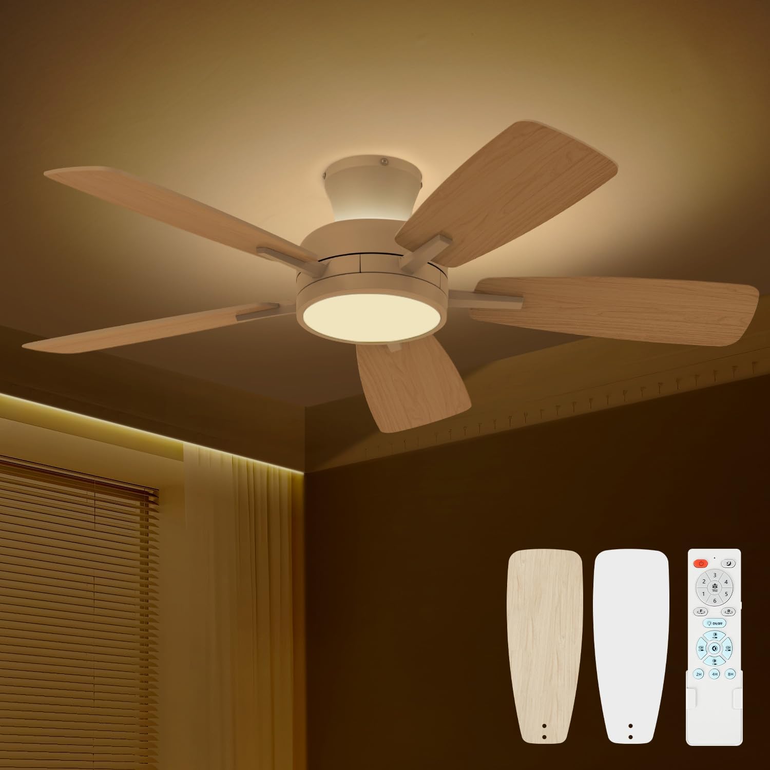 TALOYA Ceiling Fans with Lights and Remote, 46 Inch Low Profile Ceiling Fan with Light, Flush Mount, Reversible, 3CCT, Dimmable White Modern Ceiling Fan for Bedroom, Living Room, Outdoor Patio