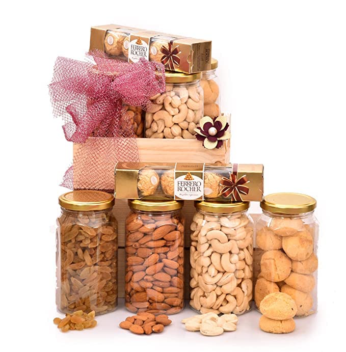 Image of NUTRI MIRACLE Rakhi Dry Fruit & Chocolate Gift Hamper I Ethnic Floral Bhai Bhabhi Pair I Kids Toy Rakhi I Pearl Dora I Tilak KitI Cookies,450gm