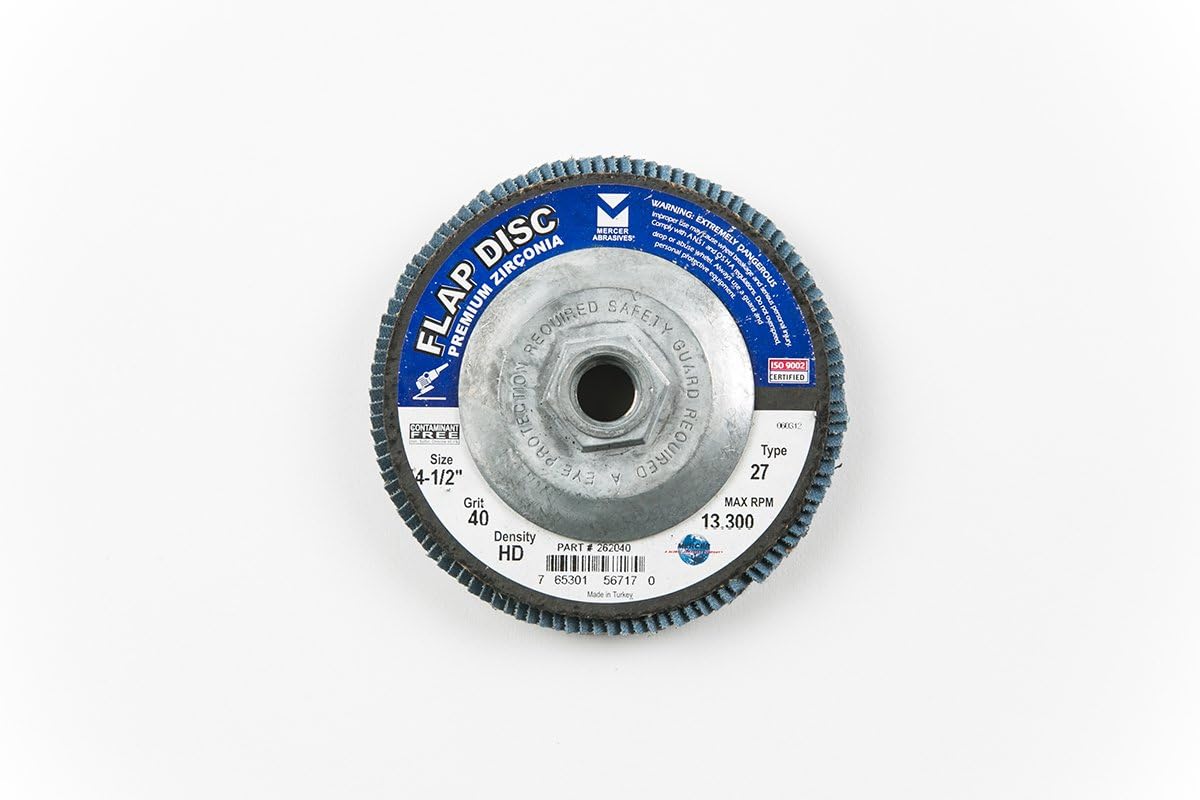 Mercer Industries 262H040 Zirconia Flap Disc, High Density, Type 27, 4 1/2 x 5/8 11 Thread, Grit 40, 10 Pack
