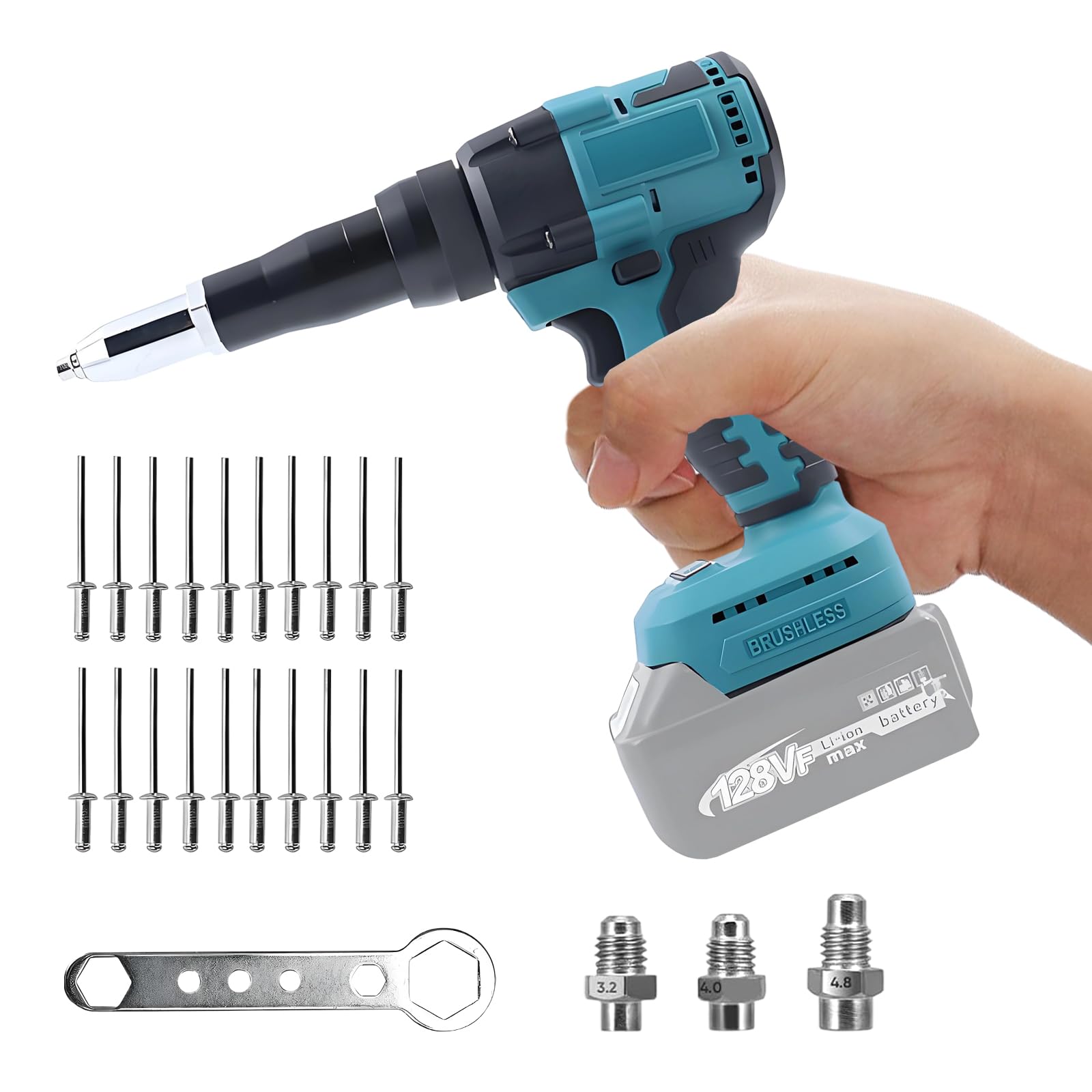 Remachadora de batería compatible con Makita de 18 V, pistola de tuercas de remache eléctrica 2 en 1 con luz LED, 20 KN sin escobillas, 20 remaches, adaptadores de 3.2/4.0/4.8 mm para reparación (sin