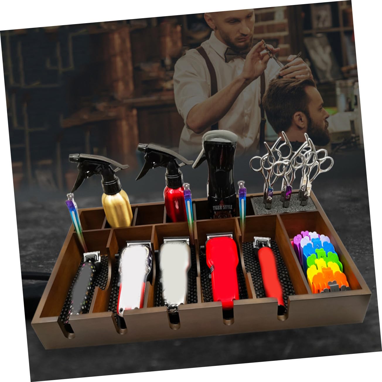 Healeved Boîte à Outils de Barbier en Bois Grosse Capacité, Design à Grille Rationnelle, Finition Soignée, Performance Robuste pour Salon de Coiffure Professionnel