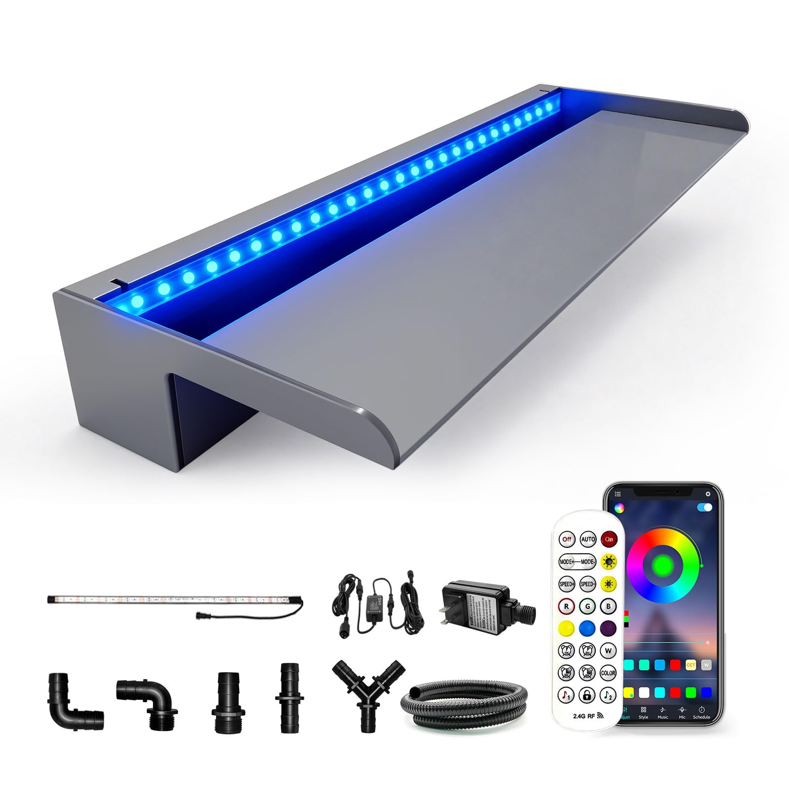 LONGRUN 60cm Acrylic Waterfall Blade, Complete Waterfall & Stream Kits for Outdoor Water Features Home Decor, Pool Water Spillway with Detachable Cover Plate