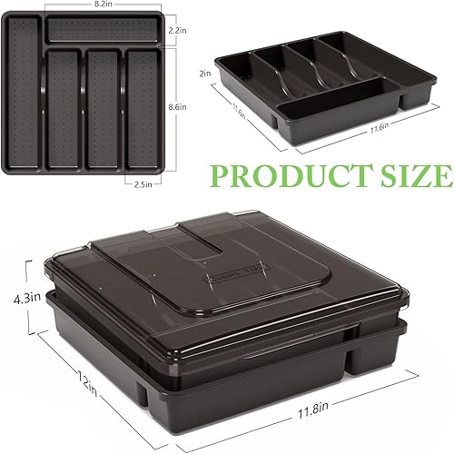 Miniatura 6 de Bandeja grande de cubiertos de 2 capas con tapa, organizador de utensilios apilable para encimera, bandeja extraíble para organizador de cubiertos,