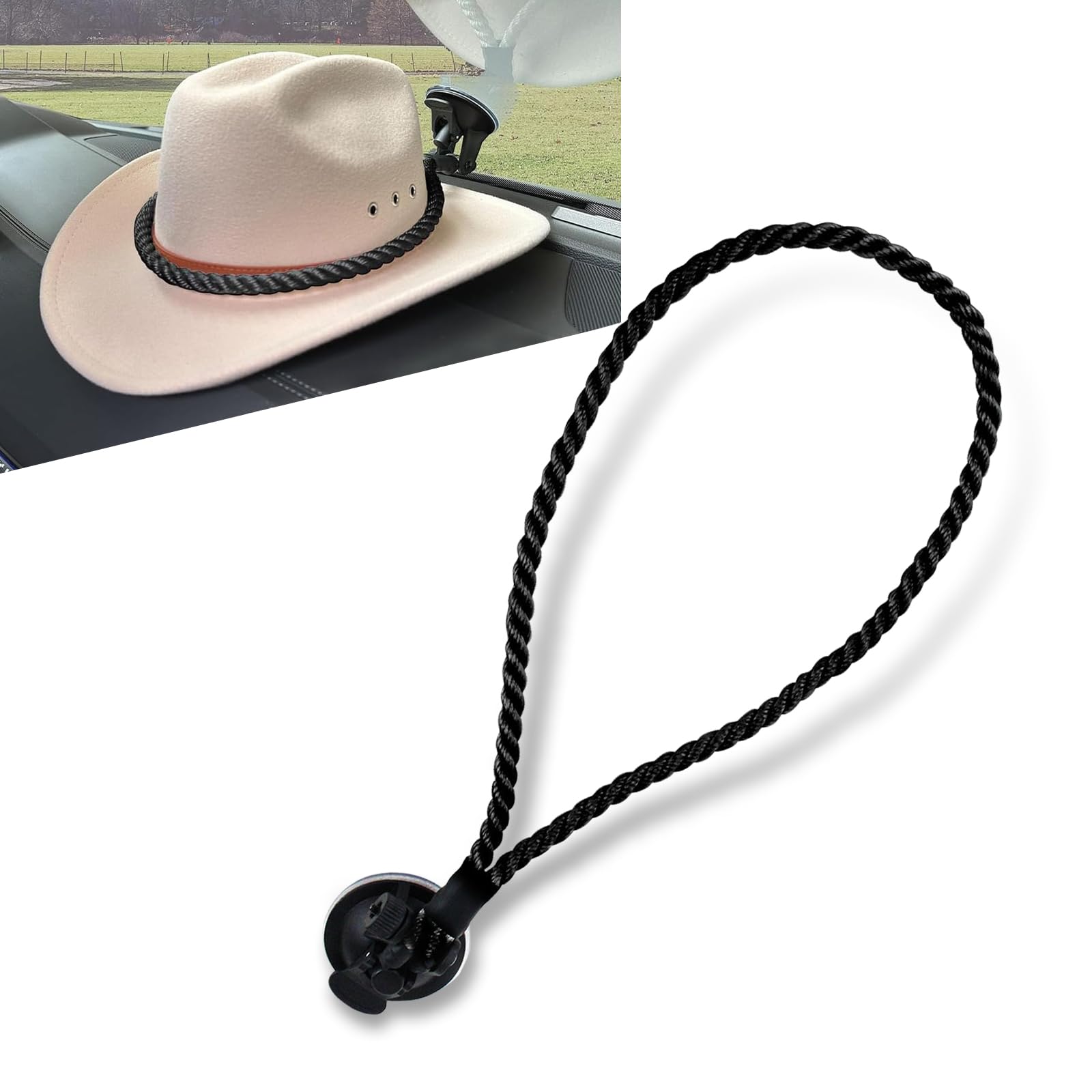 MLY 1 PC Cowboy Hat Holder for Trucks & Cars, Suction Cup Dash Mount with Cotton Rope Design, Vehicle Interior Accessories for Secure Hat Storage in SUVs, Pickups & Sedans (Black)
