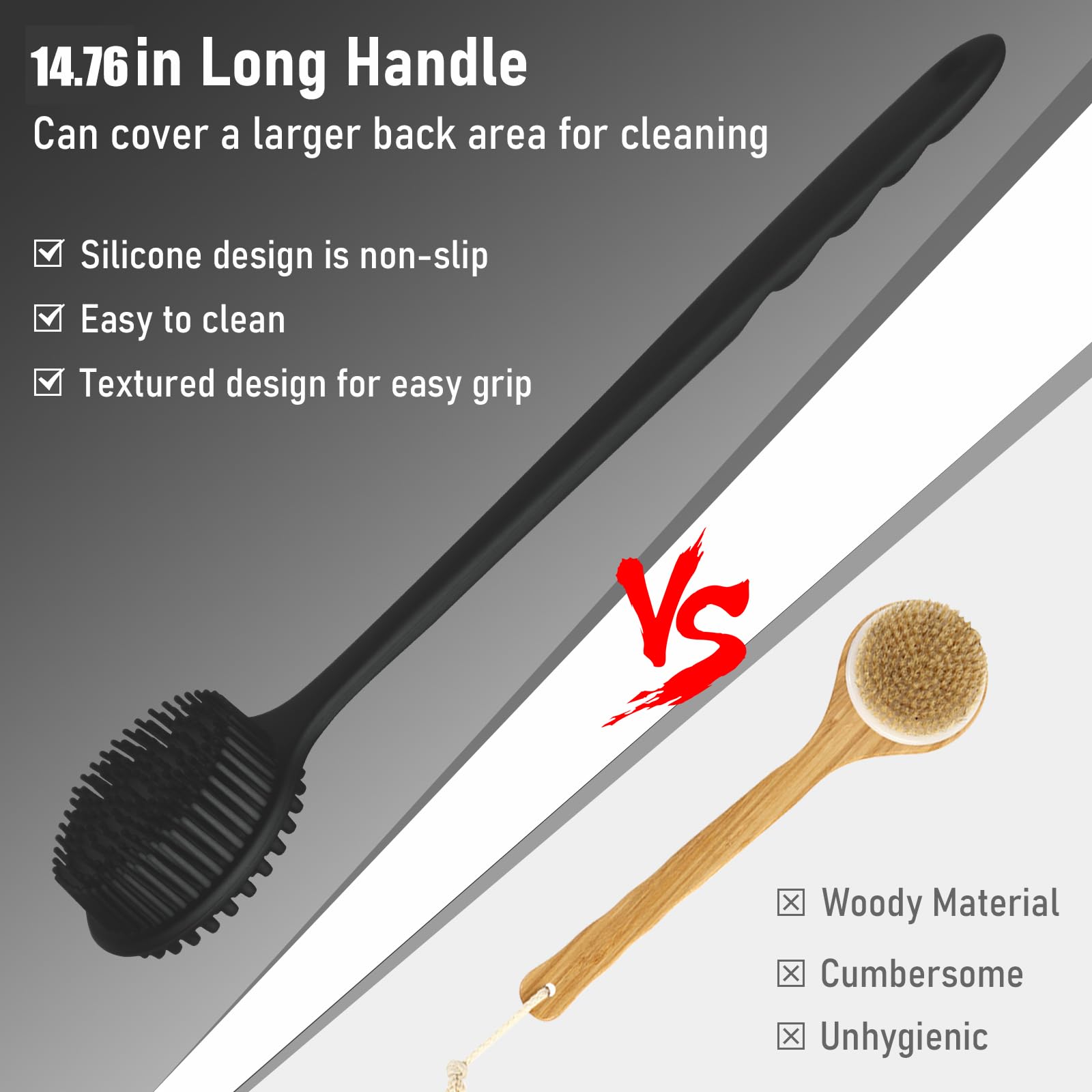 KXF Silicone Back Scrubber 37.5cm Long Handle Double-Sided Shower Body Brush Body Scrubber Bath Wash Brush with Soft Lathering Bristles and Stiff Massage Nodes Gentle Exfoliating Showering Exfoliator - Image 4