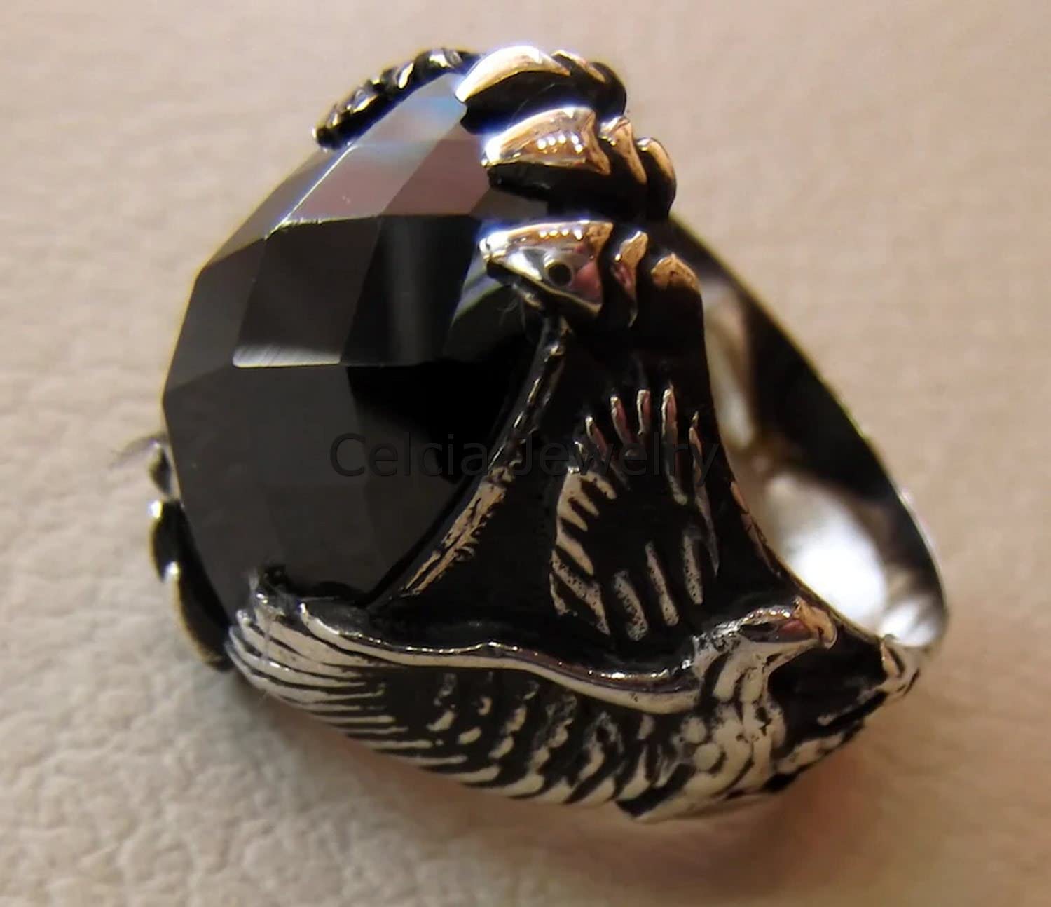 Ametista pizzo agata pietra preziosa naturale unico Aquila Anello con sigillo di dichiarazione, gioielli ossidati argento antico classico, regalo del giorno dei padri, pietra di nascita di febbraio