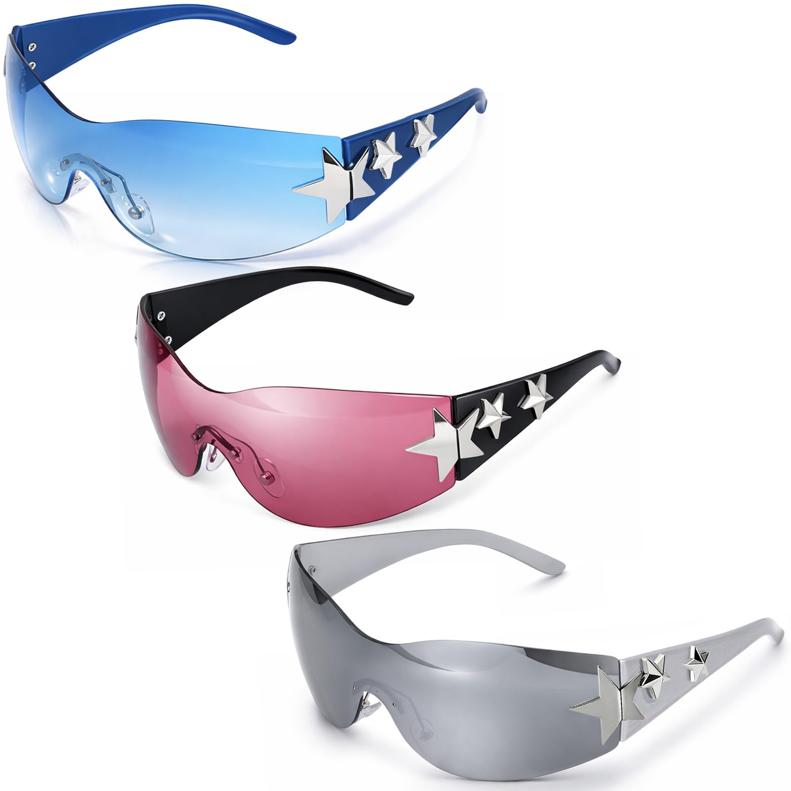 Ovveroche 3 Pairs Y2K Sunglasses for Women Men Trendy Shield Wrap Around Sun Glasses Oversized Fashion Frameless Glasses: 3 Pairs - Multicolor