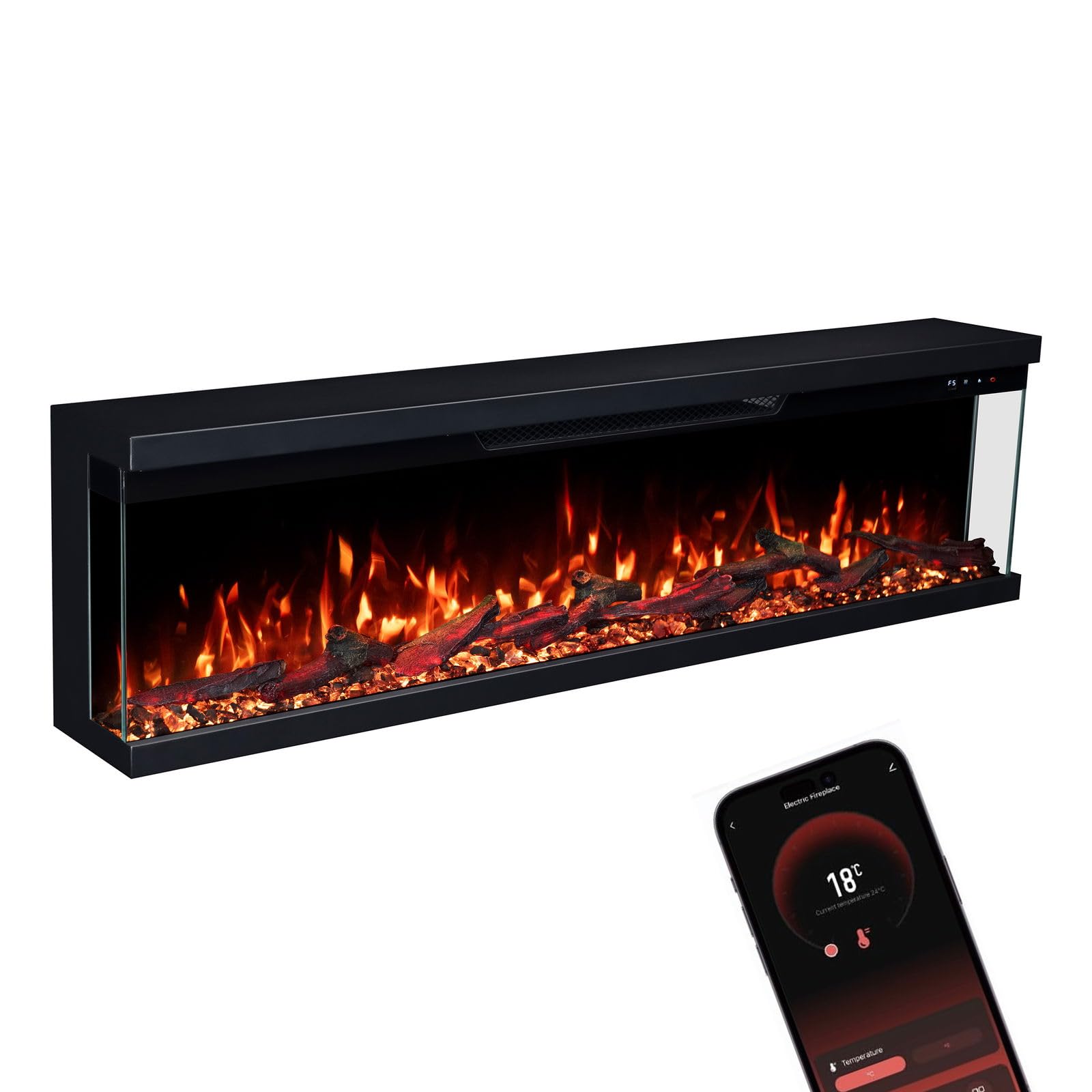 GLOW FIRE Caminetto Elettrico Insert 127 con fuoco LED 3D realistico - Caminetto elettrico a parete con riscaldamento e fuoco, controllo tramite app, effetto crepitio e timer, max. 1800 W, 127x35x19