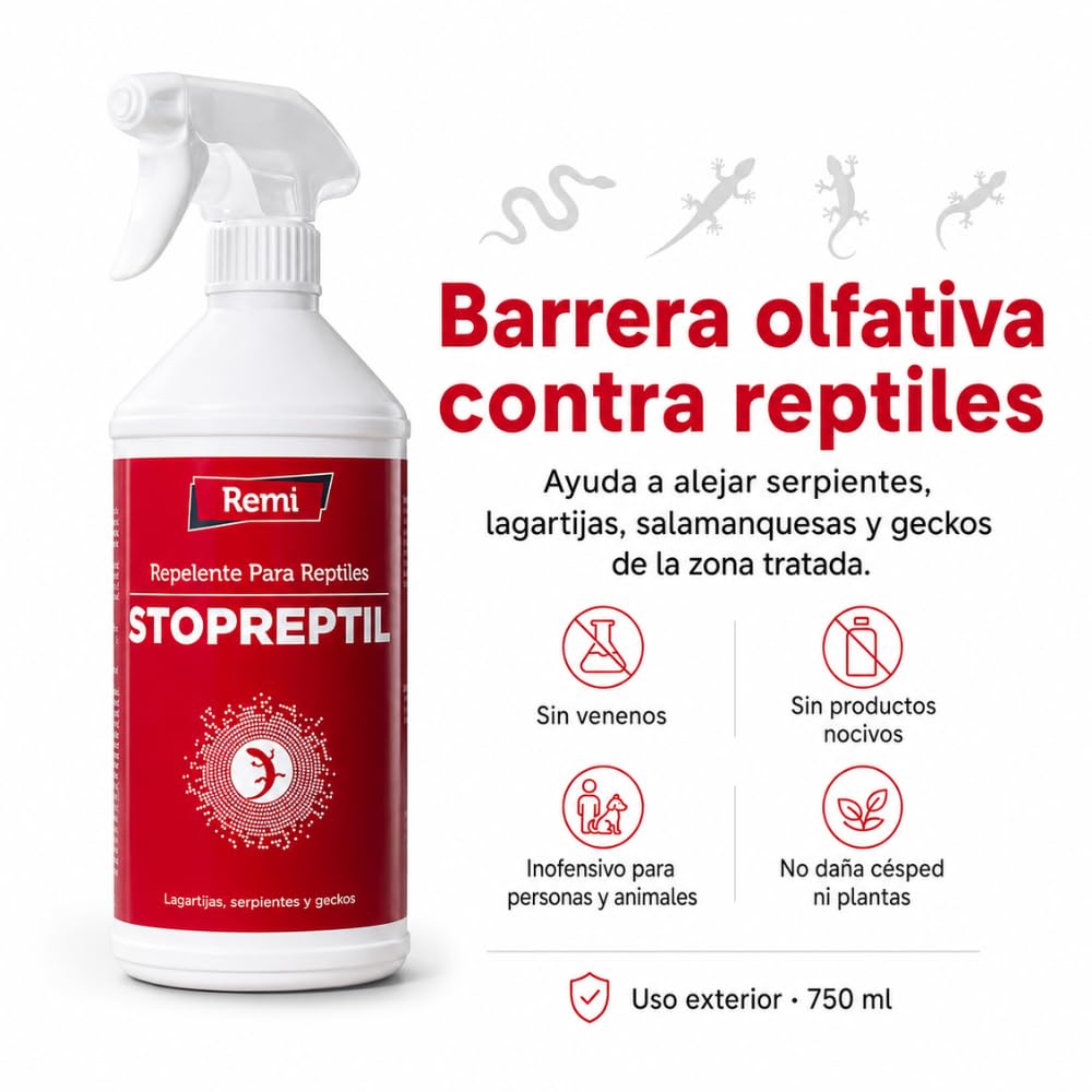 Remi Hogar | Repelente para Reptiles, en Aerosol | para Serpientes Lagartijas Salamanquesas Geckos | Spray Repelente Deshabituante | Sin venenos | Sin productos nocivos | 750 ml