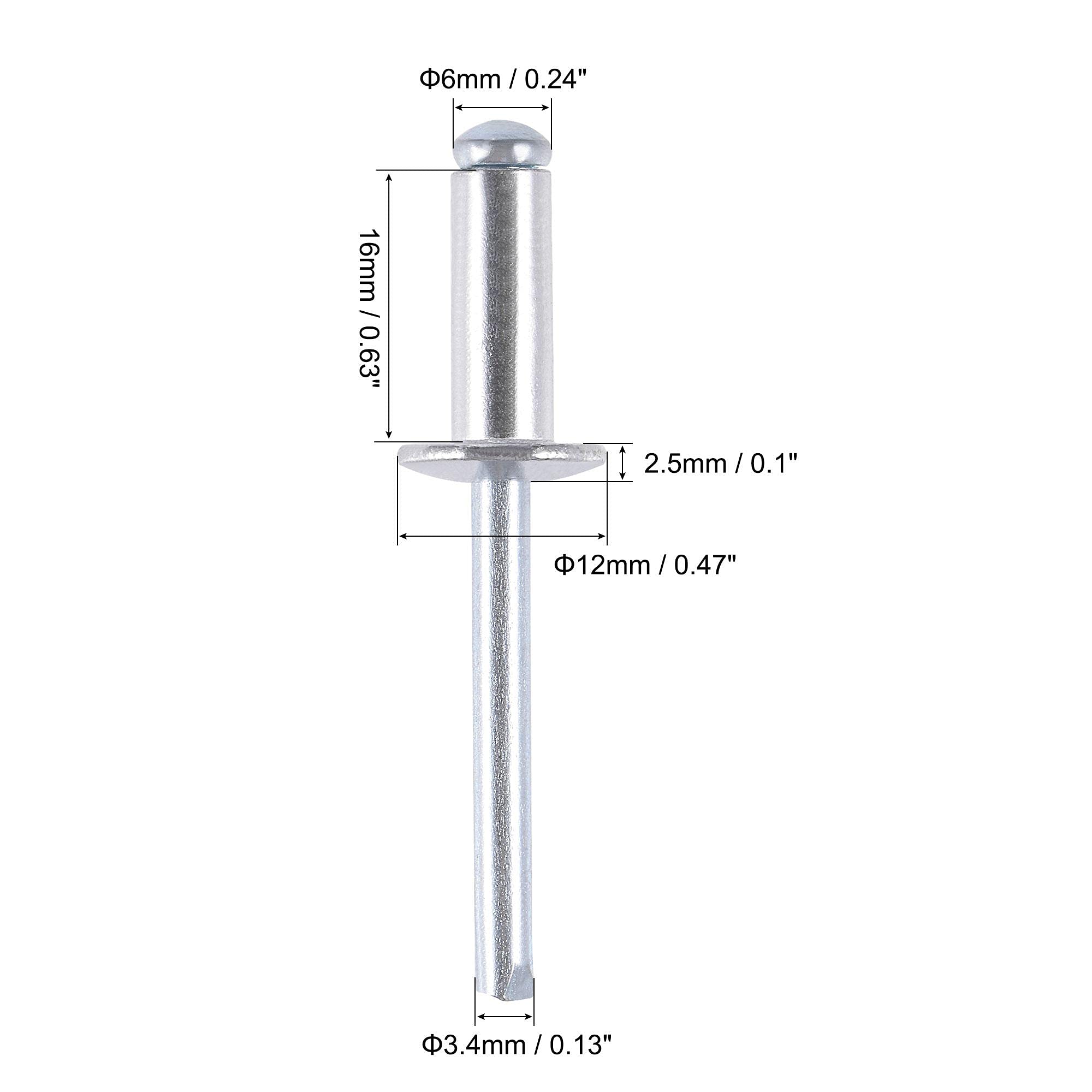 uxcell Blind Rivets, Aluminum Pull Rivets Core Decoration Rivets 6mm Diameter 16mm Grip Length Silver Tone, 25pcs