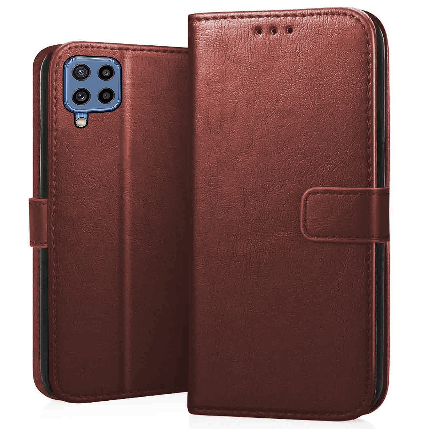 CEDO Flip Cover for Samsung Galaxy M32 (4G) / F22 (4G) | Leather Finish | Inside Pockets & Inbuilt Stand | Shockproof Wallet Style Magnetic Closure Back Case Flipcover (Brown)