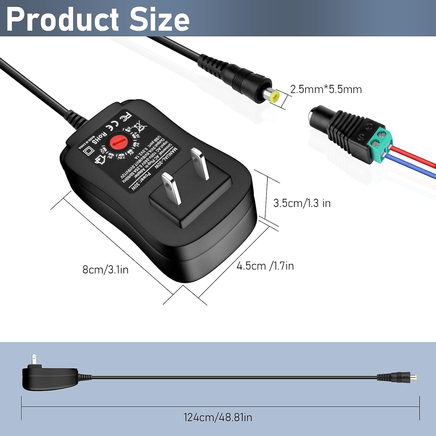 Universal AC Adapter, 30W Universal 3V 4.5V 5V 6V 7.5V 9V 12V AC/DC Adapter Switching Power Supply with 8 Selectable Adapter Head, for 3V to 12V Household Electronics - 2500mA Max