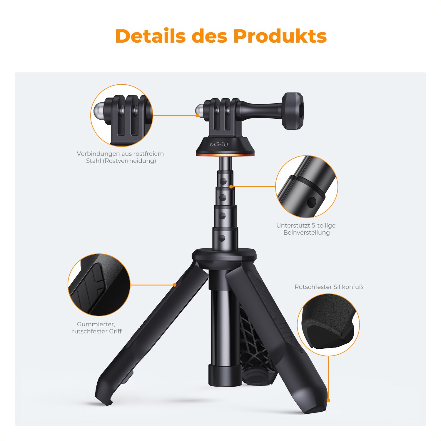 K&F CONCEPT MS10 GoPro Stativ, Go Pro Selfie Stick Tripod, 33CM Tischstativ, Tragbare SelfieStick Kompatibel mit GoPro, DJI Osmo Action, Insta 360 Ace