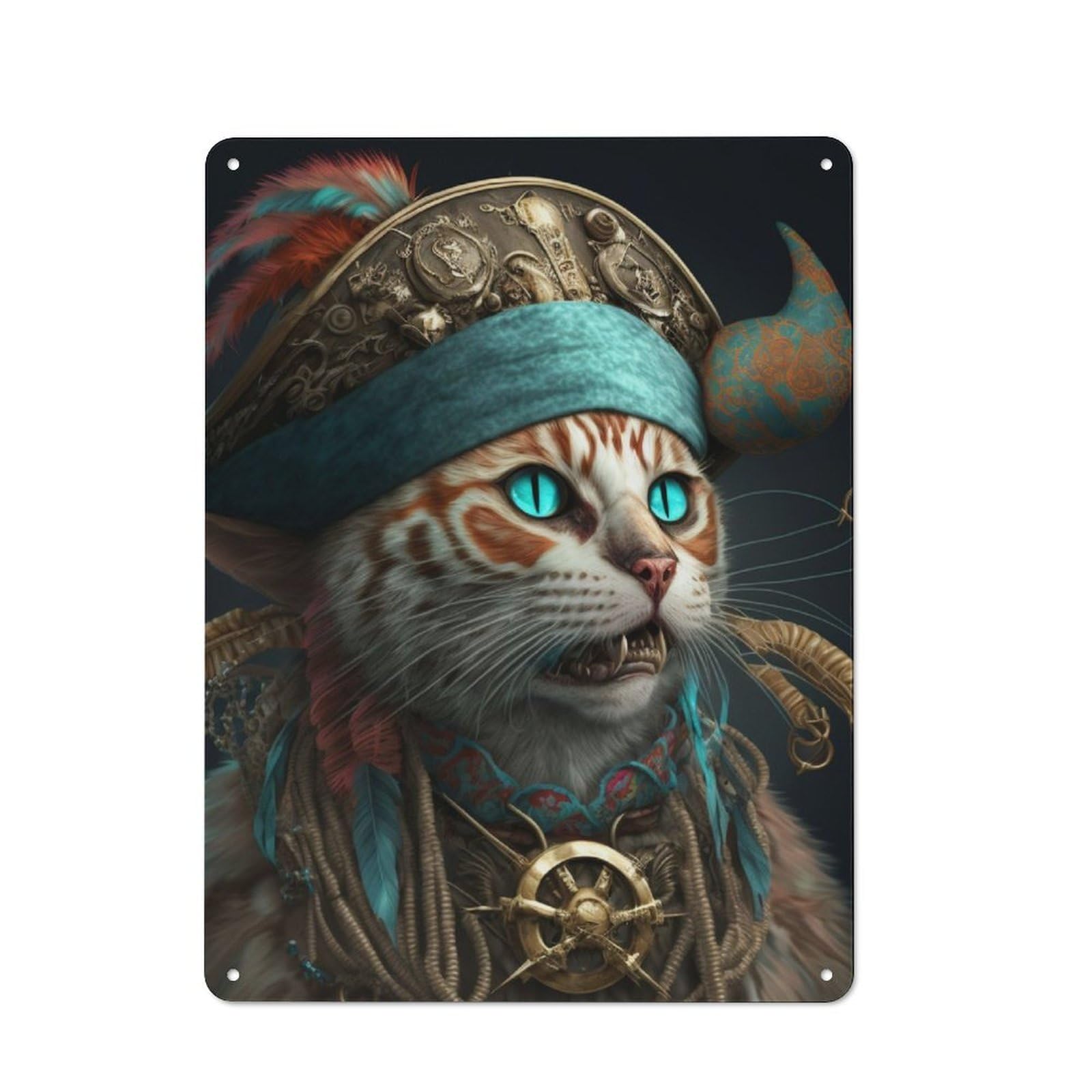 Junmoney Pirate Cat Metal Plaque 40X30cm With For Hallway Wall, Retro Decor, For Themed Interiors In Hallways And Entrance Areas
