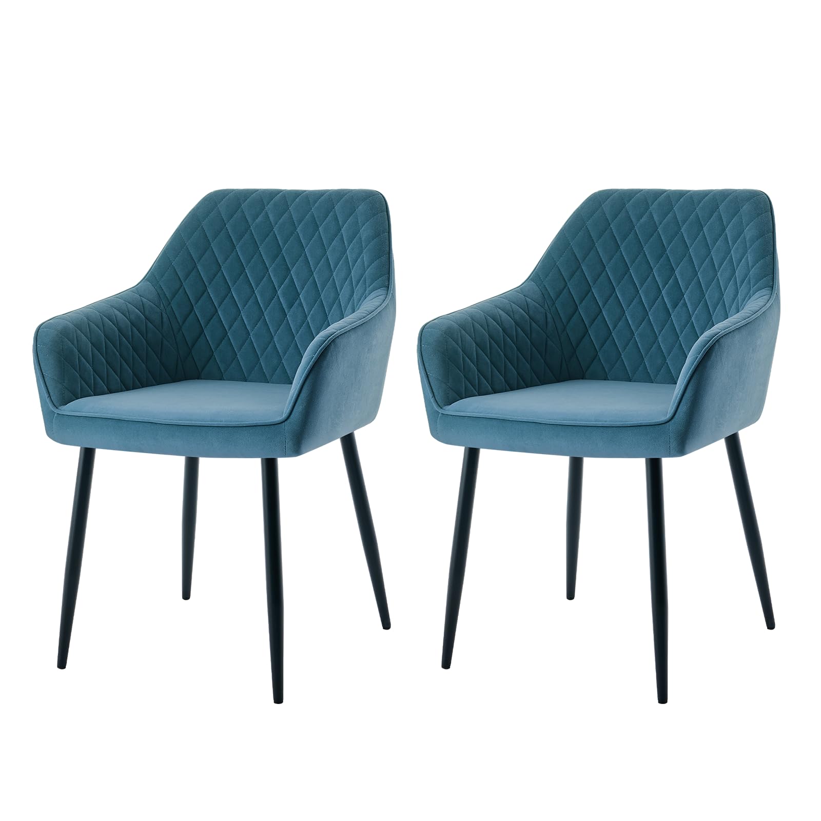 AINPECCA Set of 2 Dining Chairs Teal Velvet Armchairs with Armrest & Backrest Upholstered Seat with Black Metal Legs (Teal Velvet, 2)