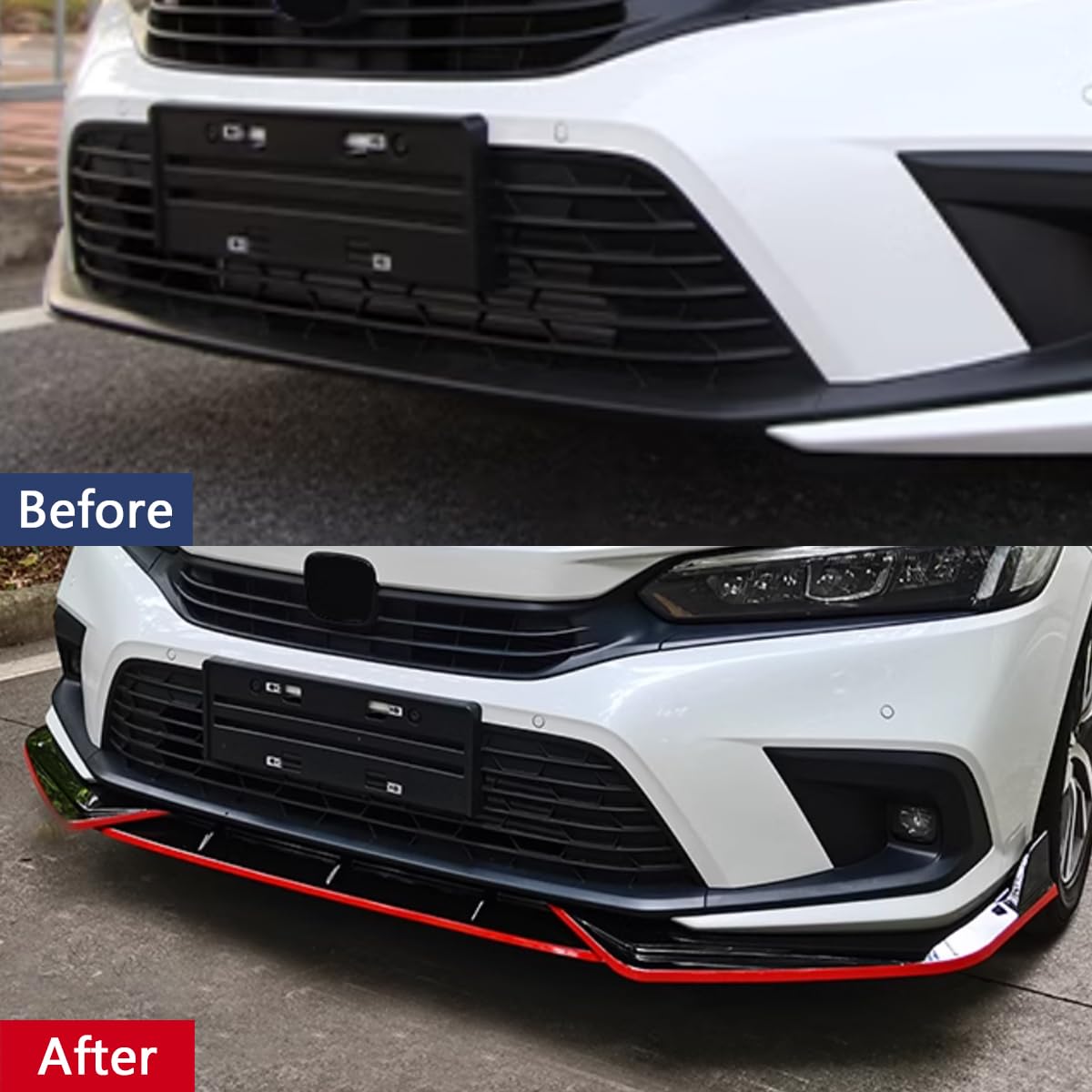 3PCS Front Bumper Lip Spoiler Kit For 2021-2023 Honda Civic Sedan & Hatchback - Gloss Black With Red Stripe