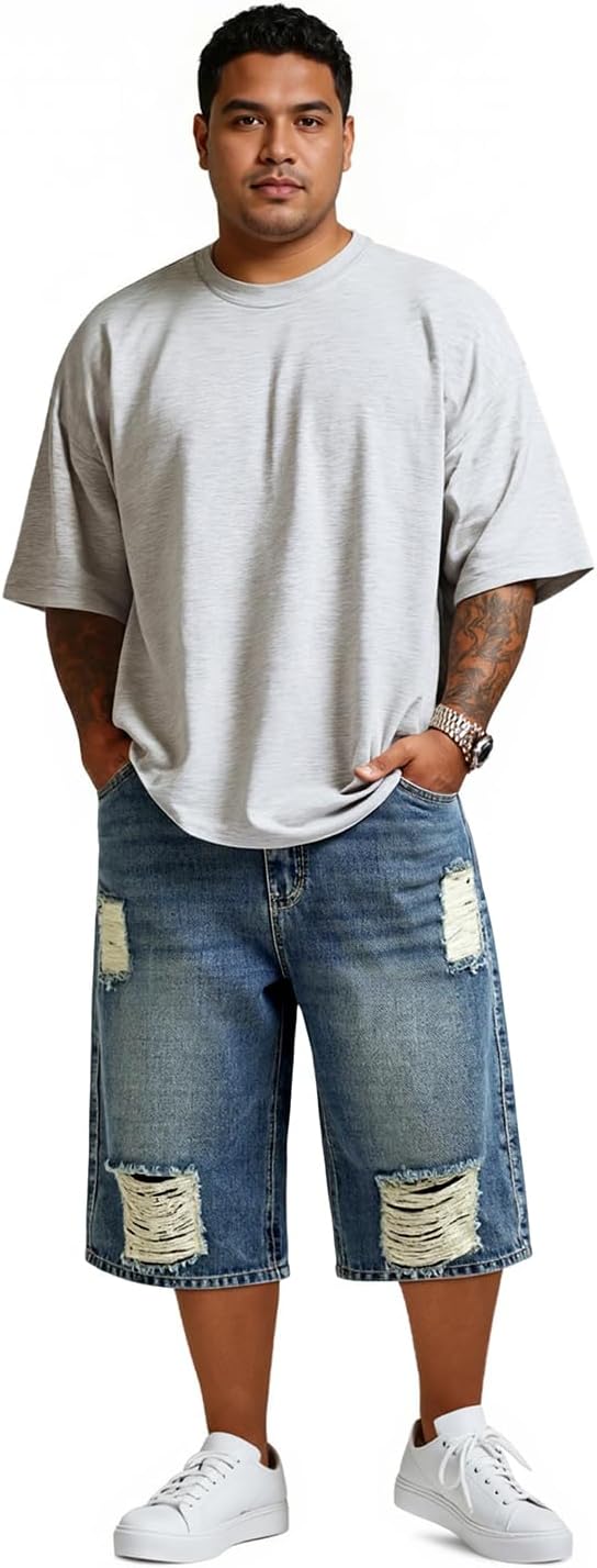 Heyfanee Mens Baggy Jean Shorts Ripped Loose Fit Long Denim Shorts Below Knee 14 Inch Inseam