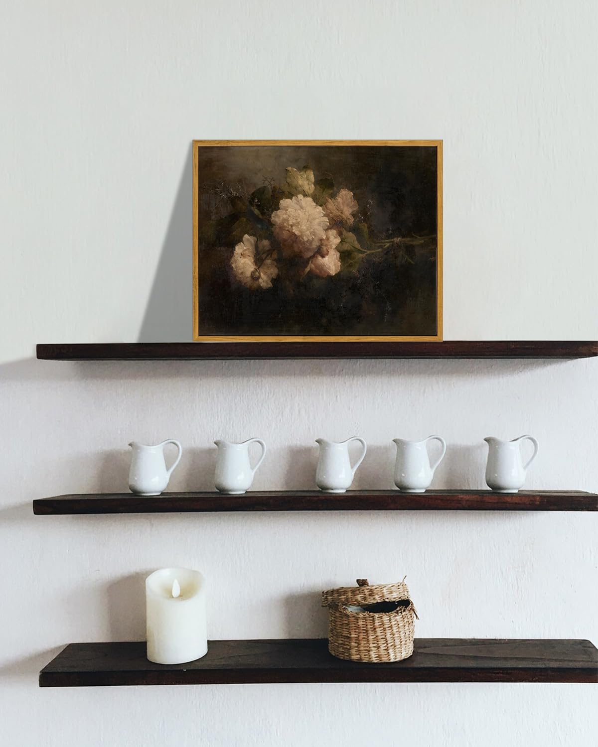 KBKBART Gerahmte Vintage-Leinwandkunst, dunkles Vintage-Stillleben-Blumen-Ölgemälde, klassische stimmungsvolle Pfingstrosen-Blumenstrauß-Drucke für Wanddekoration, antikes Blumen-Kunstgemälde