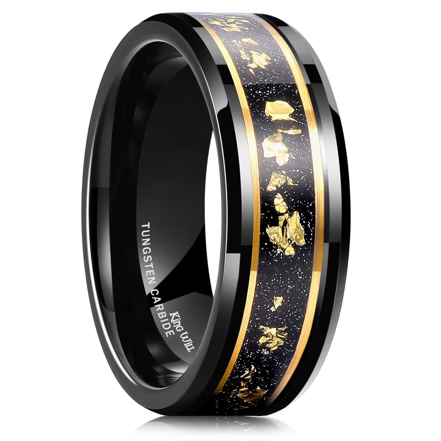 King Will Mens Wedding Band with Foils Inlay, Black/Silver/Gold