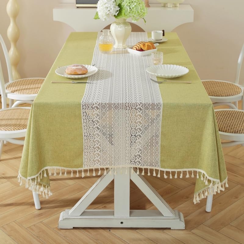 KIJSKKOPO Manteles De Encaje Rectangulares Grandes, Verde Oliva, con Encaje Transparente Y Ribete De Borlas, Estilo Rústico De Granja, para Mesa De Comedor, Cocina, Fiesta, Boda, Picnic, Decoració