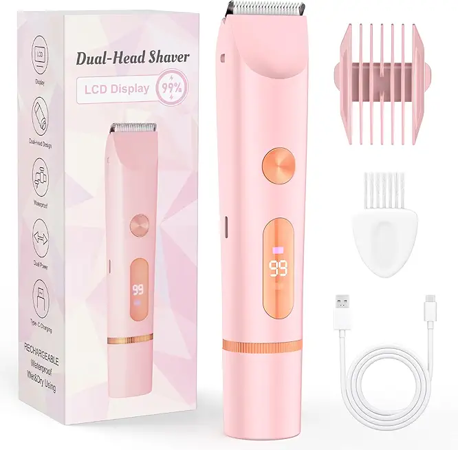 Rasierer Damen 2-in-1 Damenrasierer Elektrisch für Körper Scham und Nase Intimrasierer für Frauen Nass- und Trockengebrauch Wiederaufladbarer Trimmer (Rosa)