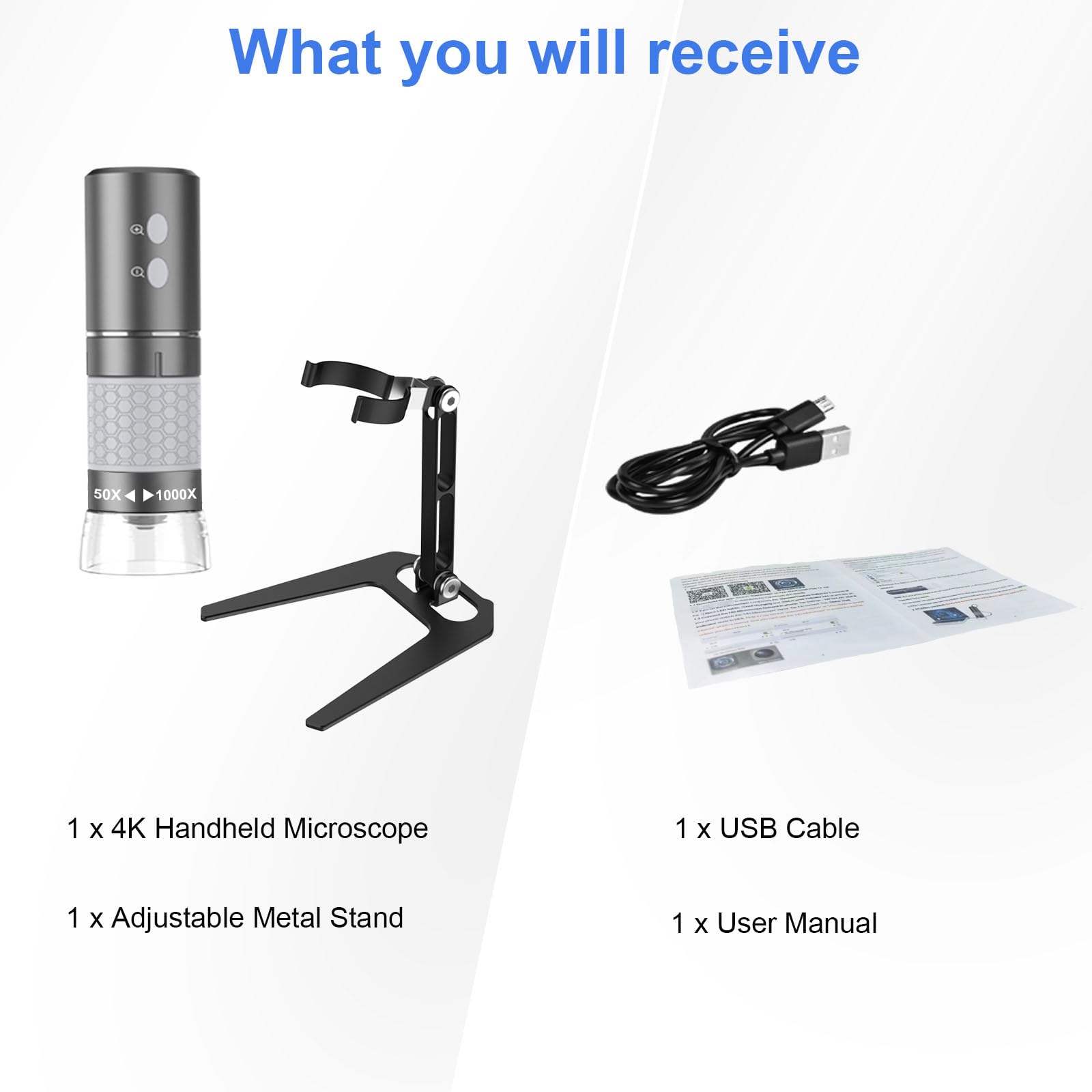WiFi Digital Mikroskop, Kabelloses Tragbares Handmikroskop mit 4K-HD-Kamera, 50-1000X Vergrößerung, mit Verstellbarem Ständer, Kompatibel mit Smartphones, iPad, Mac und Windows-PCs