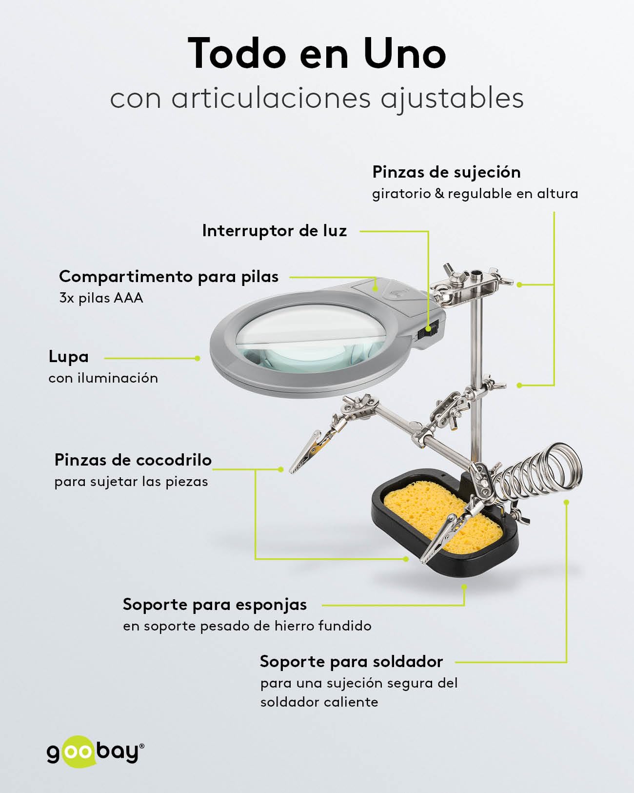 goobay tercera mano con lupa y soporte para soldador, la ayuda ideal para todos los trabajos de soldadura filigrana, soporte multifunción para electrónica, 51226