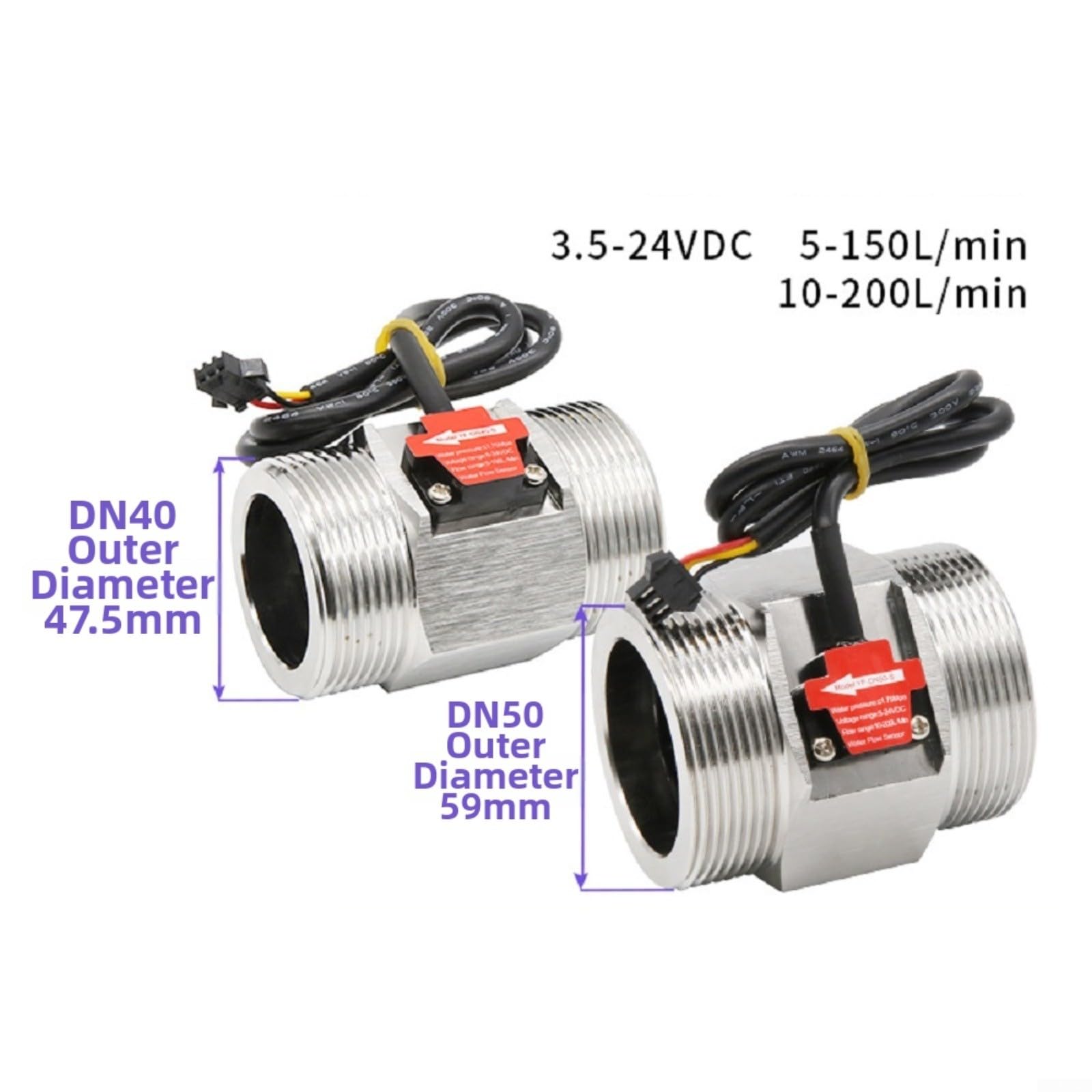 Sensor de flujo de agua de pasillo de acero inoxidable DN40 DN50, interruptor de medidor de flujo líquido de 5-150L/min, 3.5-24VDC, resistencia a la presión de 1.75MPa, Para agua industrial