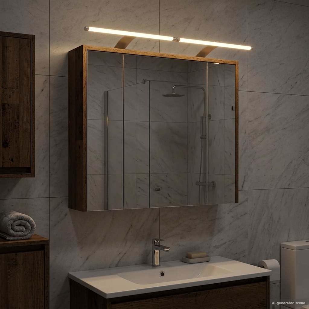 Szafka łazienkowa z lustrem, stare drewno, materiał drewnopochodny, 73,5 x 16 x 62,5 cm, montowana na ścianie, dwustronne lustro, 2 regulowane półki, paski LED do przechowywania