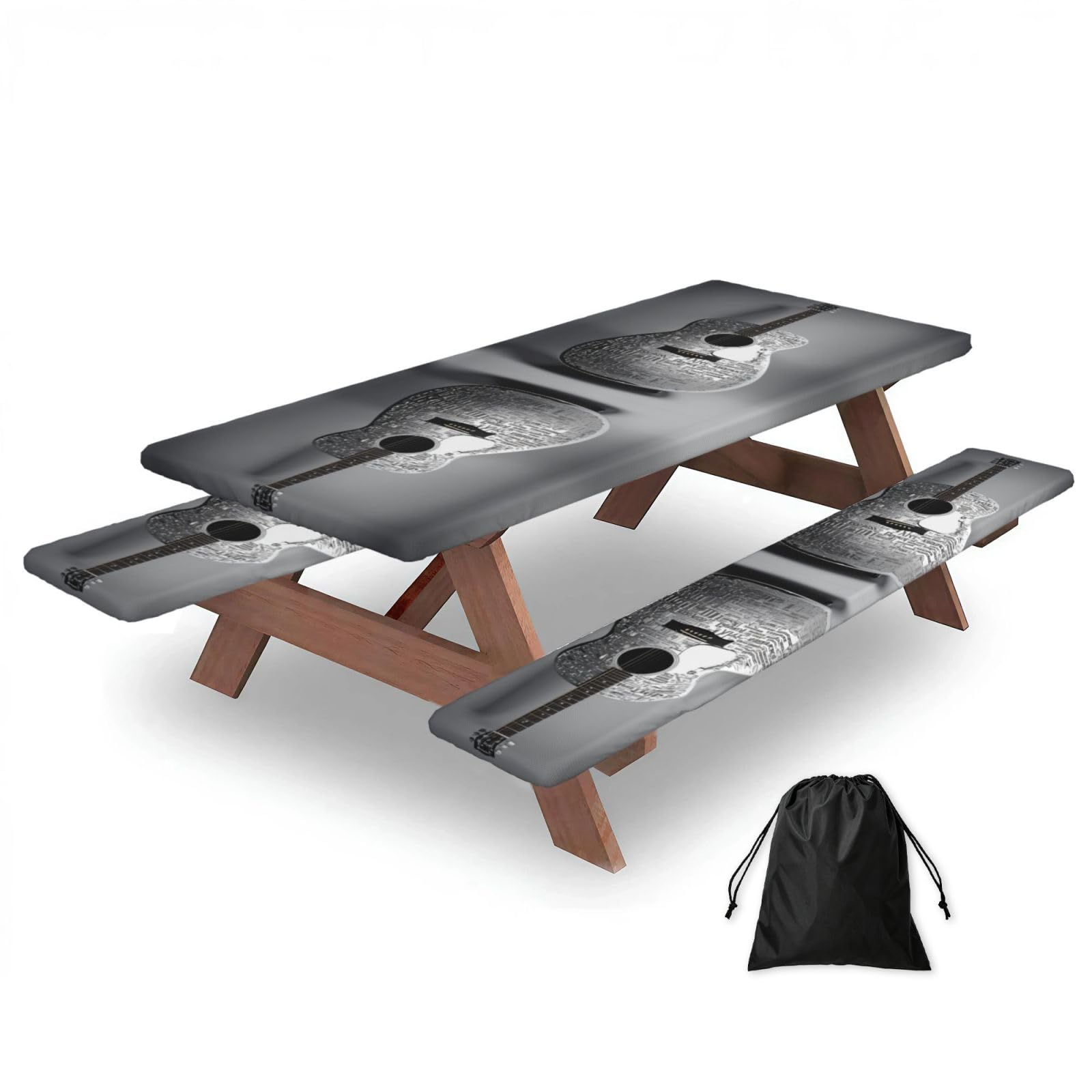 Zyjhyy Black Guitar Pattern Print 3 Pack Wipeable Picnic Bench Cover And Table Cover Lightweight Table Cloth For Camping Outdoor