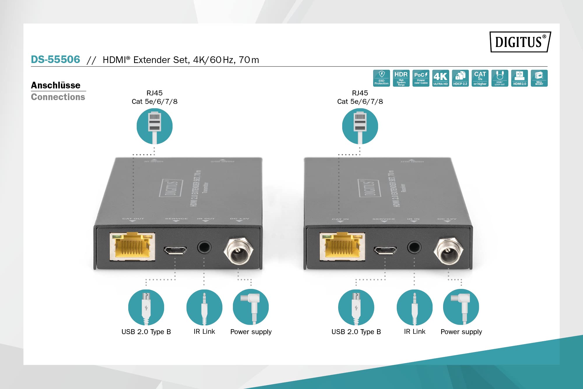 DIGITUS Set estensore HDMI 2.0 70 m 4K/60 Hz 18 Gbps HDCP 2.2 HDR PoC