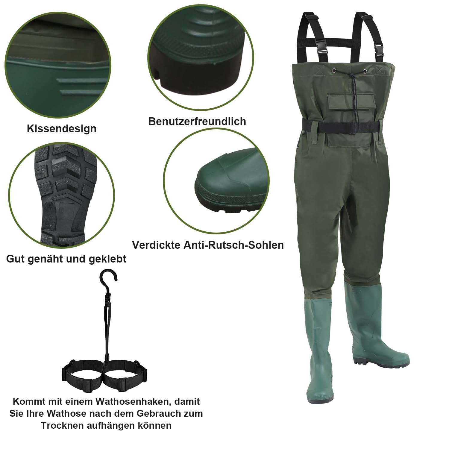 Wathose Herren, Anglerhose 70D Nylon mit Stiefe, PVC Watthosen Wasserdichtl mit Haken, Angelhose mit Verstellbarer Schultergurt, Fischerhose für Baustellen, Gärten