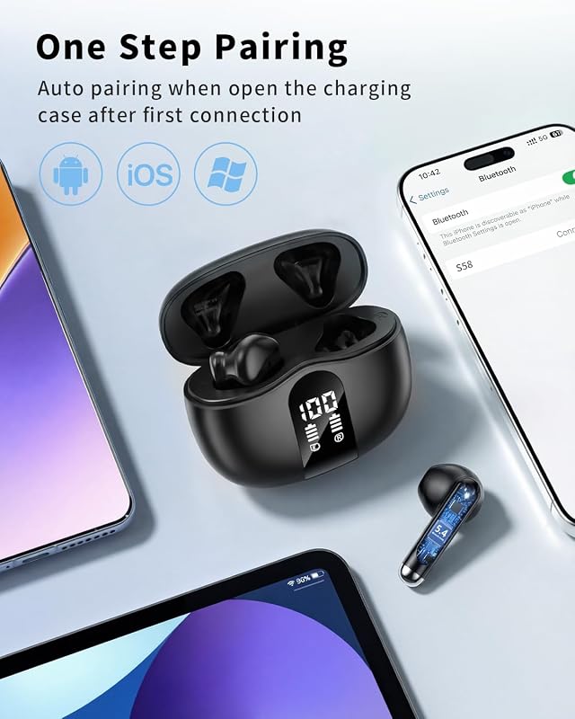 Wireless Earbuds, 2026 Bluetooth 5.4 Headphones Bass Stereo Ear Buds with Noise Cancelling Mic, LED Display in Ear Earphones 50H Playtime Ear Buds, IP7 Waterproof for Laptop Pad Phones Deep Black image 5