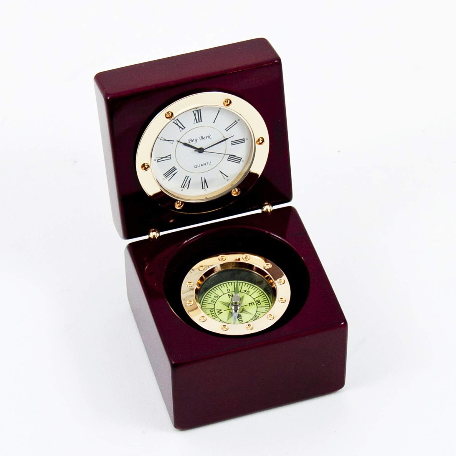 Kensington Row Coastal Collection Desk Clocks - Navigator Clock and Compass in HINGED Wooden Box - Nautical Decor