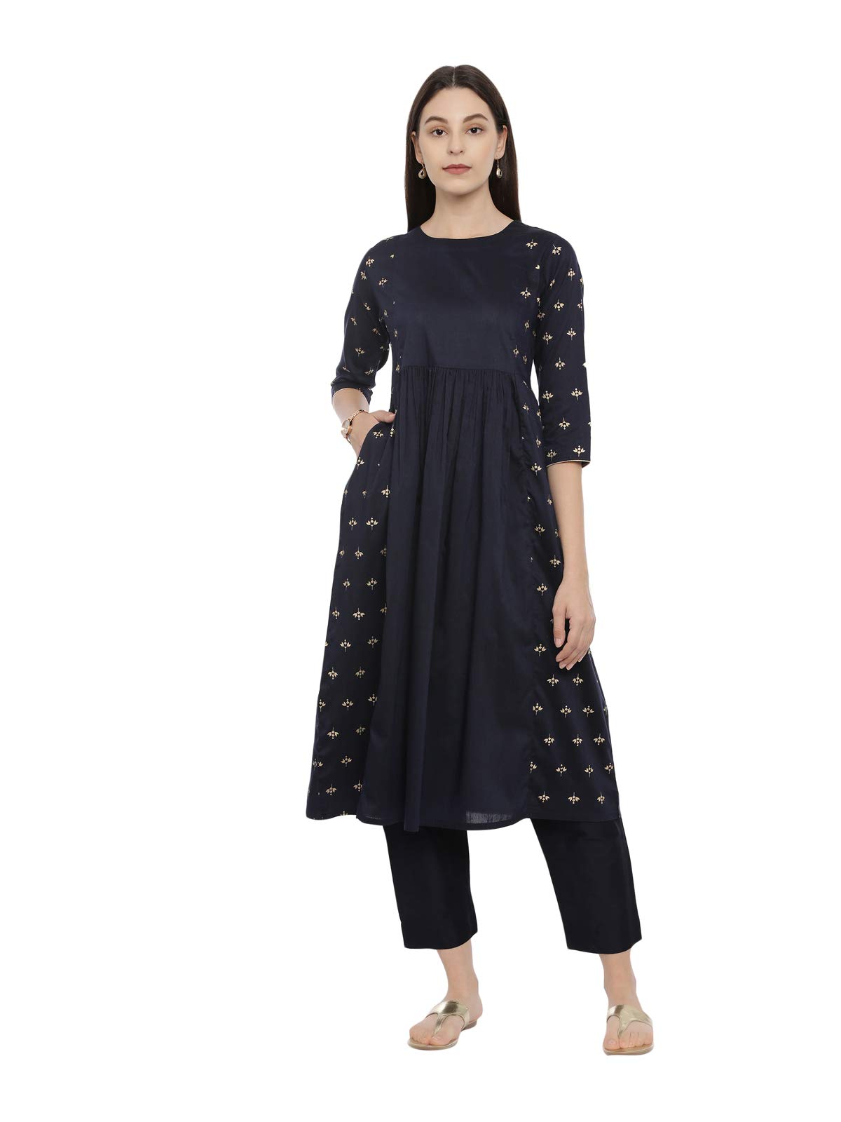 ElleoraWomen Navy Cotton Silk Golden Block Printed Kurta Set with Tapered Fit Trouser