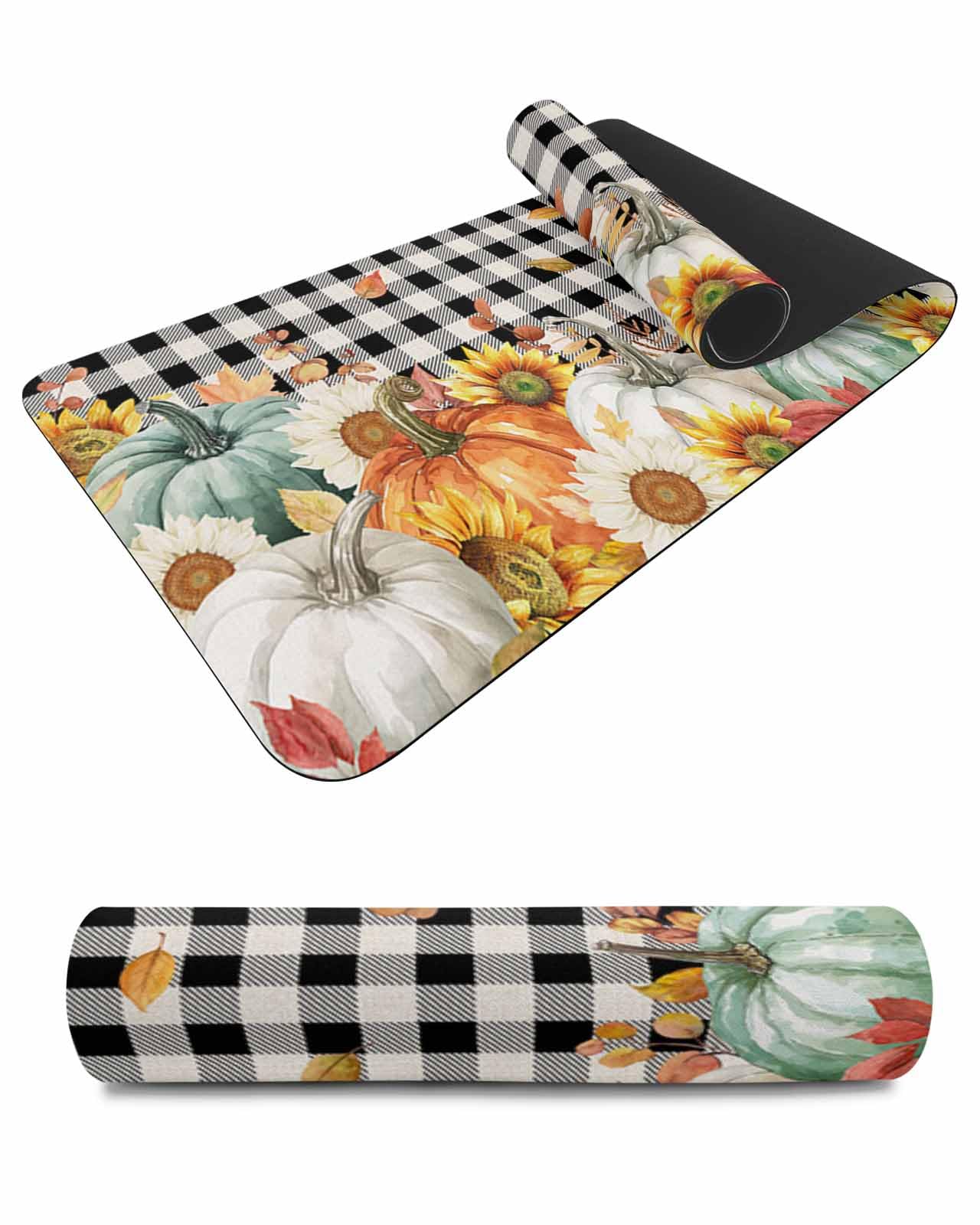 Debedcor Heat Proof Table Pads Waterproof Decorative, Thanksgiving Non-Slip Table Countertop Protector, Fall Sunflower Pumpkin Leaves Plaid Insulation Mat for Dining Room, 48 x 12 Inches
