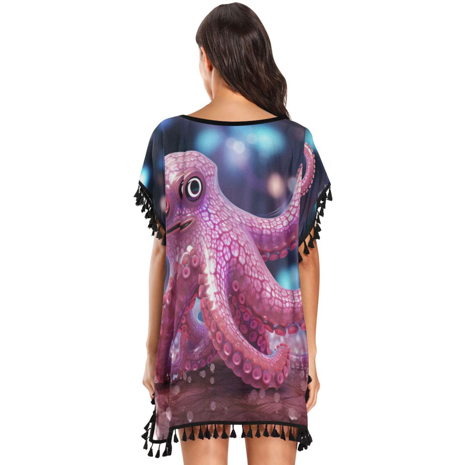 Pink Light Cool Art Octopus Women's Beach Cover Up Chiffon Tassel Swimwear Swimsuit Coverups for Girl