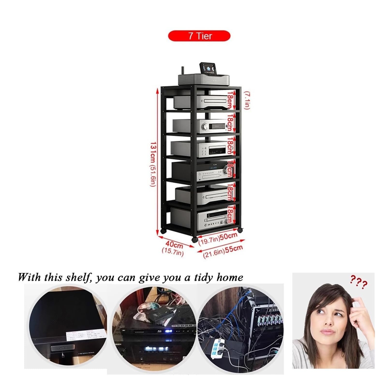 Générique Meuble Chaine HiFi Support Multimédia AV À 7 Niveaux avec roulettes, Console De Composants Audio-vidéo avec Étagères De Rangement Ouvertes, Centre Multimédia(Red)