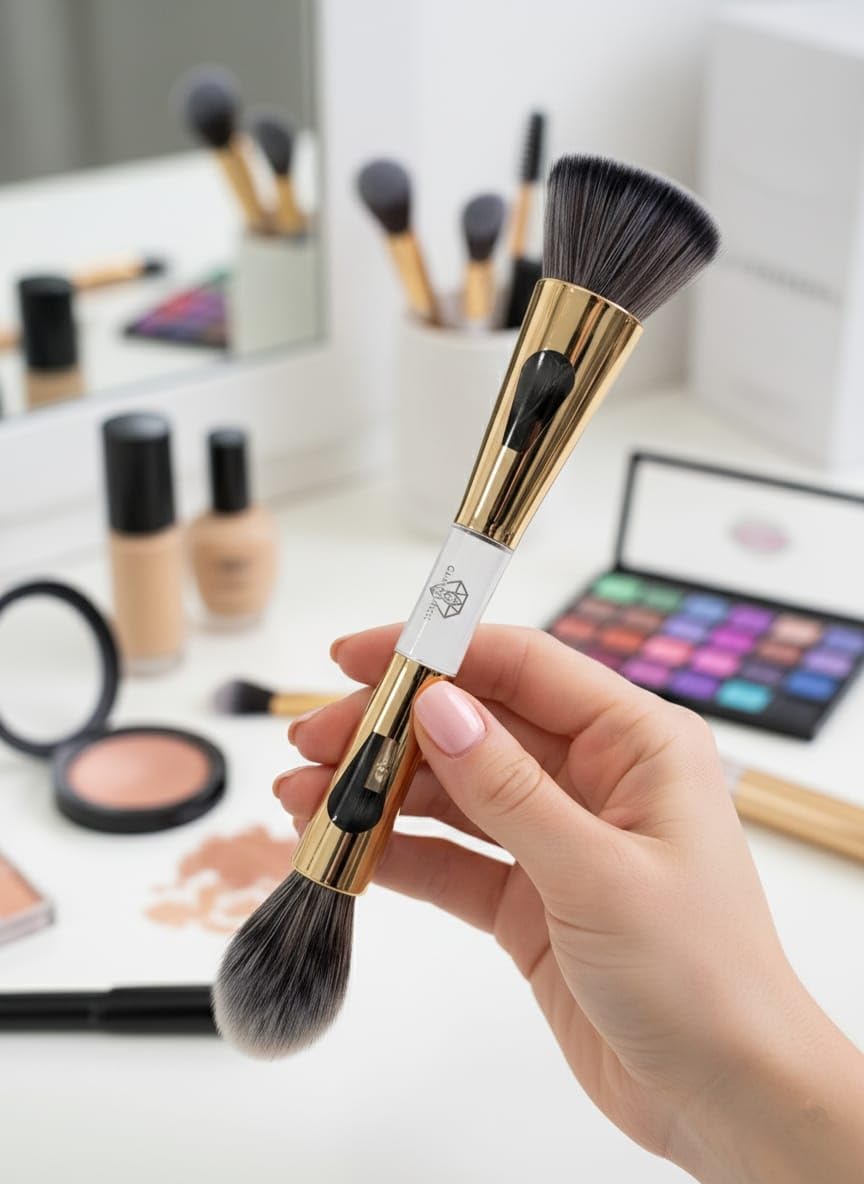 Juego de brochas de maquillaje 4 en 1 portátil y fácil de viajar, para gestionar brochas de maquillaje, brochas de maquillaje en polvo, cepillo de rubor y lujoso diseño dorado