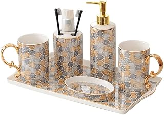 YUEYOULII Dozownik płynu ceramiczny szczotkowany kubek na usta uchwyt na szczoteczkę do zębów mydelniczka dozownik mydła gospodarstwo domowe łazienka mycie 6-częściowy zestaw dozownik mydła w płynie do kuchni (rozmiar: XS)