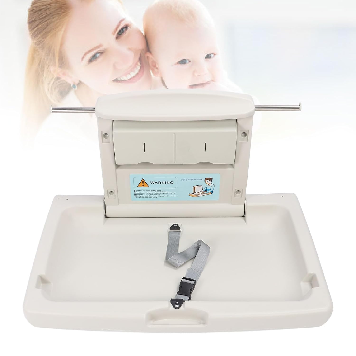 Wall Mounted Baby Changing Station, Fold Down Horizontal Baby Changing Table with Safety Strap & Tissue Box Hooks, Diaper Changing Station for Restaurants/Hotels/Schools /