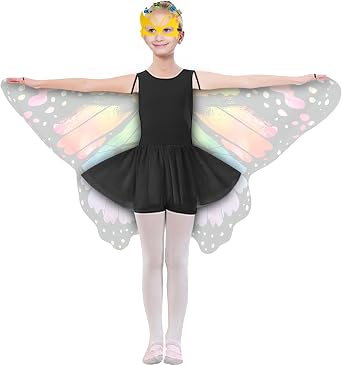 Sunlisky Kids Butterfly Costume for Girls Butterfly Wings Cape Set with Mask Hair Clips Halloween Cosplay Dress Up 4 to 9